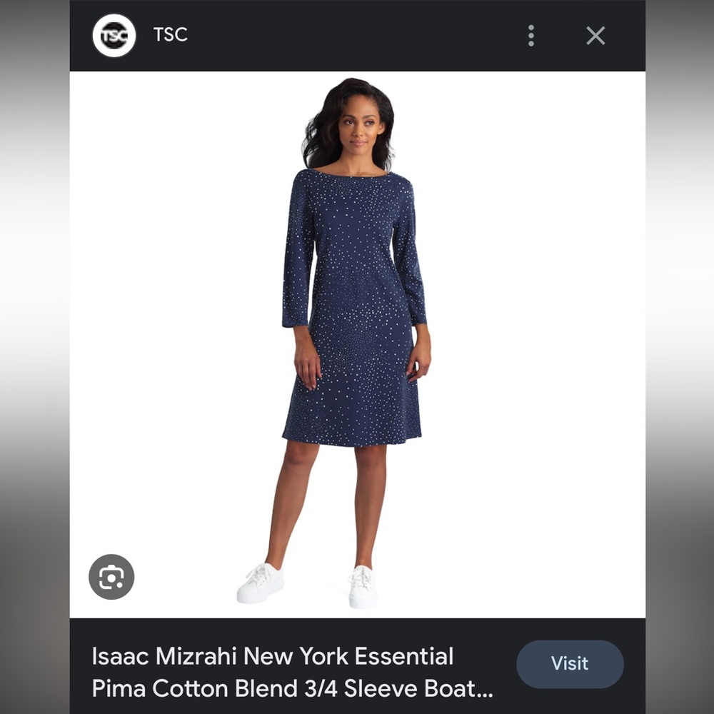 NEW* Isaac Mizrahi cotton blend 3/4 sleeve dress in navy polka-dot sz medium